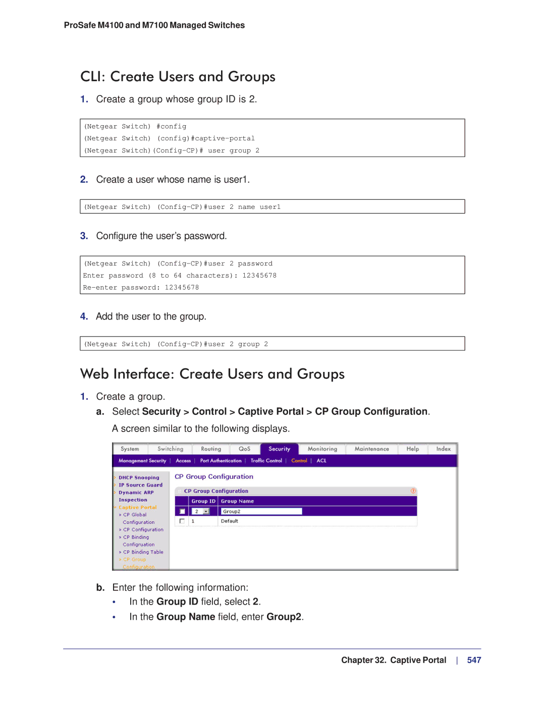 NETGEAR M4100, M7100 manual CLI Create Users and Groups, Web Interface Create Users and Groups 