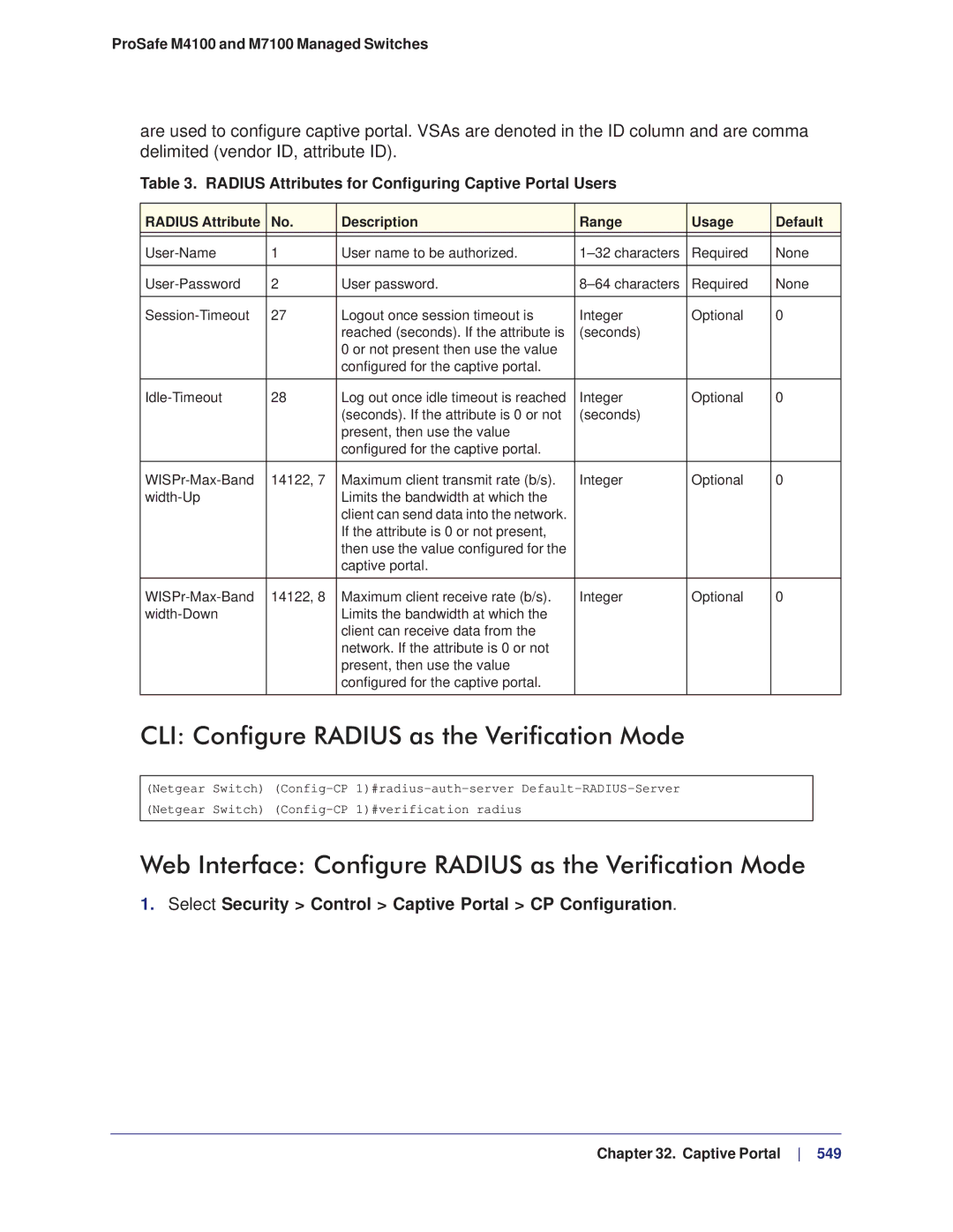 NETGEAR M4100 manual CLI Configure Radius as the Verification Mode, Web Interface Configure Radius as the Verification Mode 