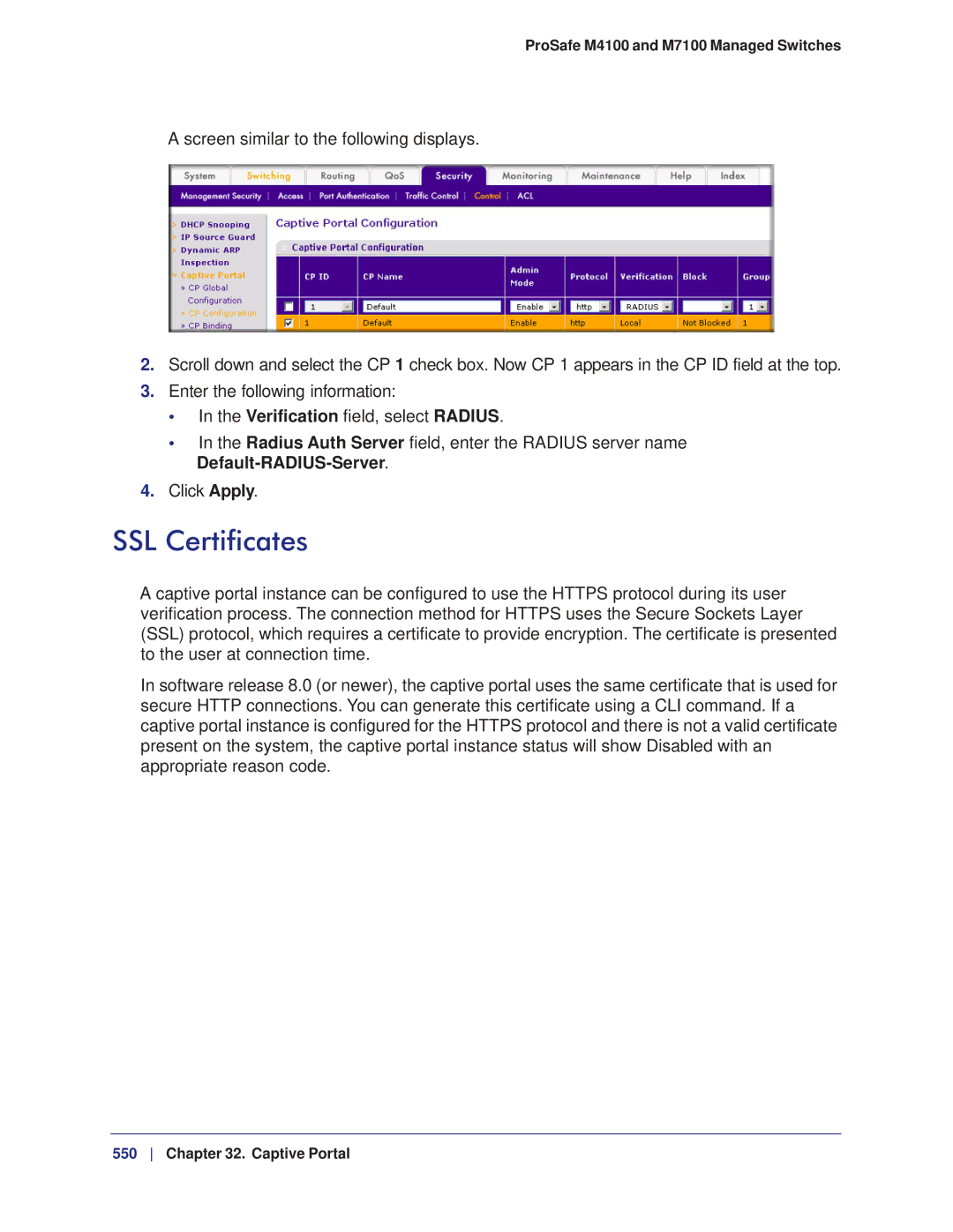 NETGEAR M7100, M4100 manual SSL Certificates, Default-RADIUS-Server 