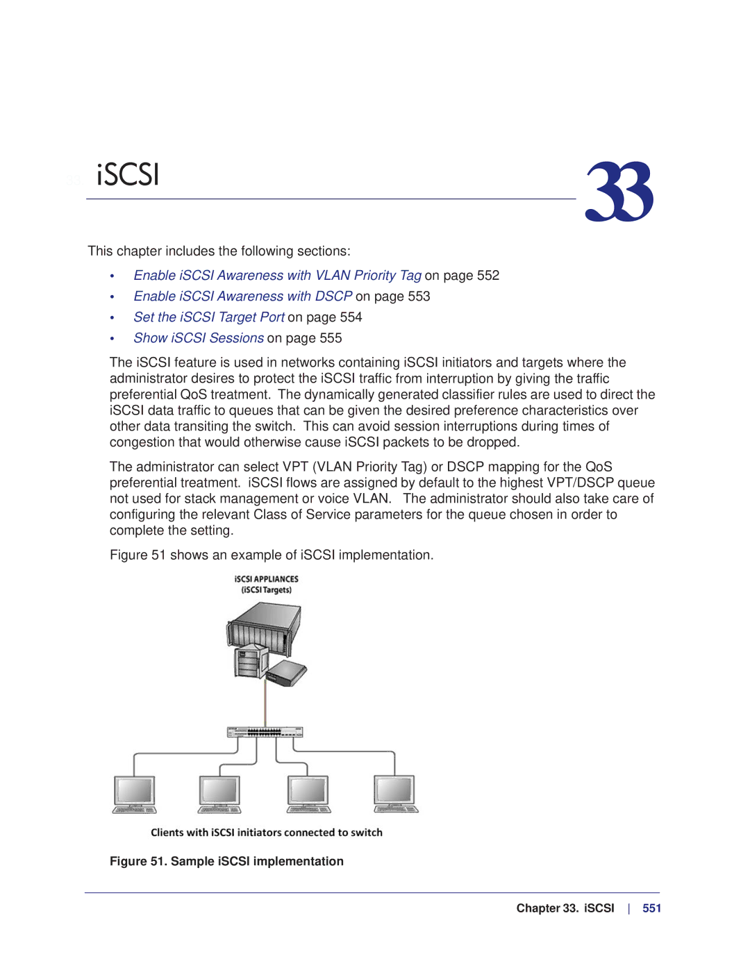 NETGEAR M4100, M7100 manual Iscsi, Shows an example of iSCSI implementation 