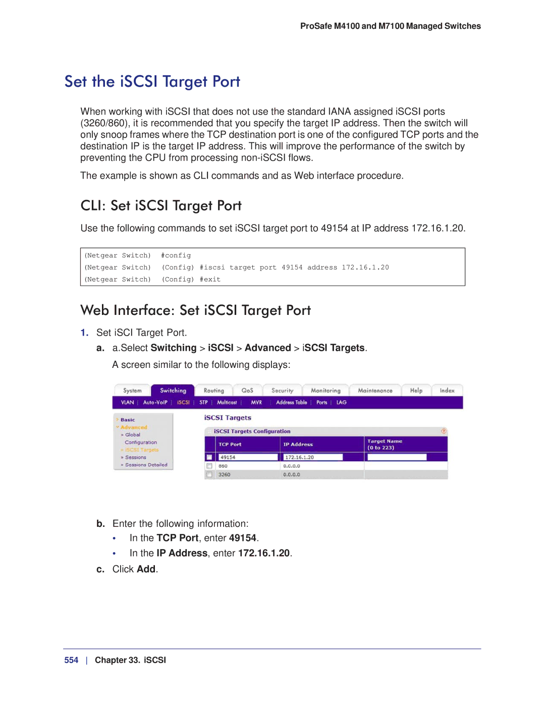 NETGEAR M7100 Set the iSCSI Target Port, CLI Set iSCSI Target Port, Web Interface Set iSCSI Target Port, IP Address, enter 