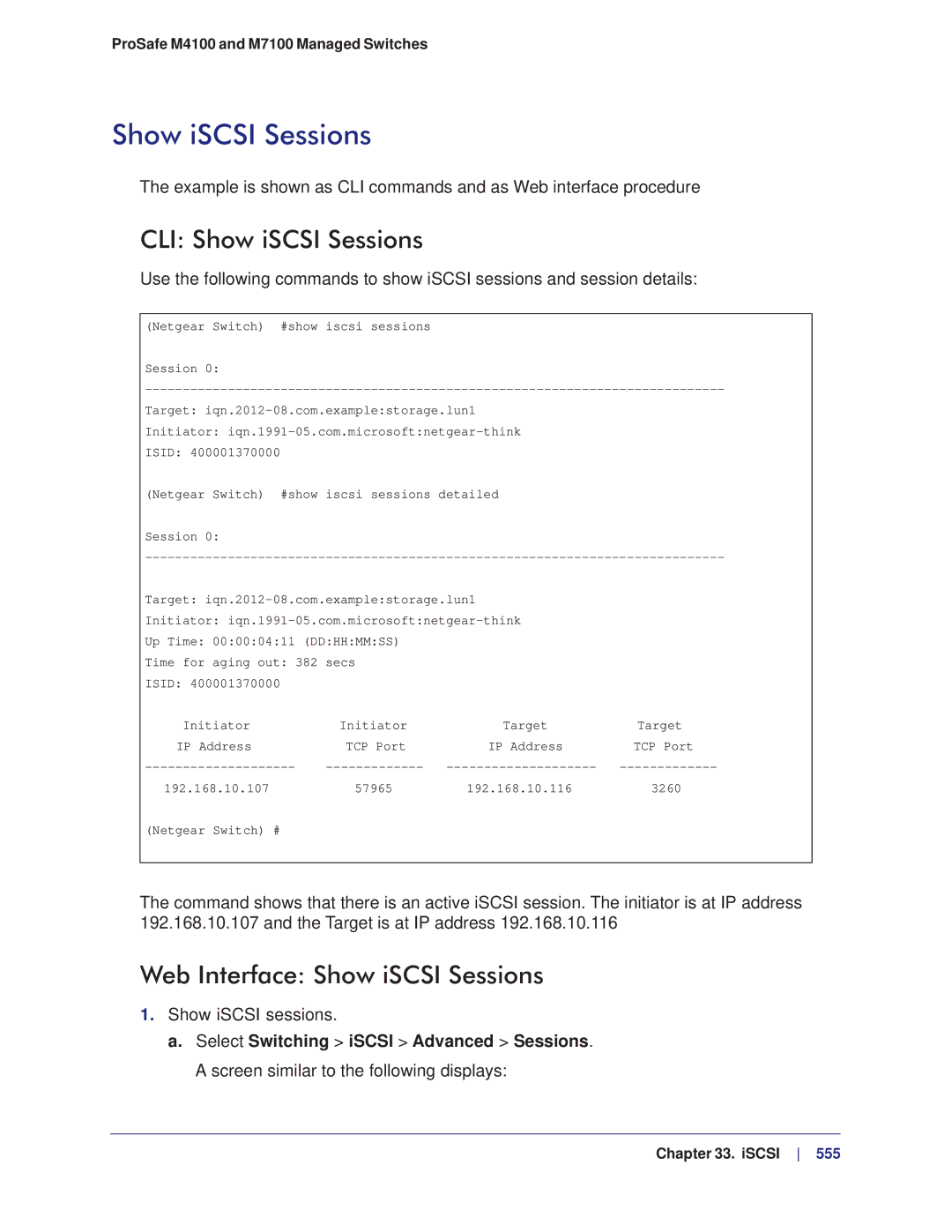 NETGEAR M4100, M7100 manual CLI Show iSCSI Sessions, Web Interface Show iSCSI Sessions 