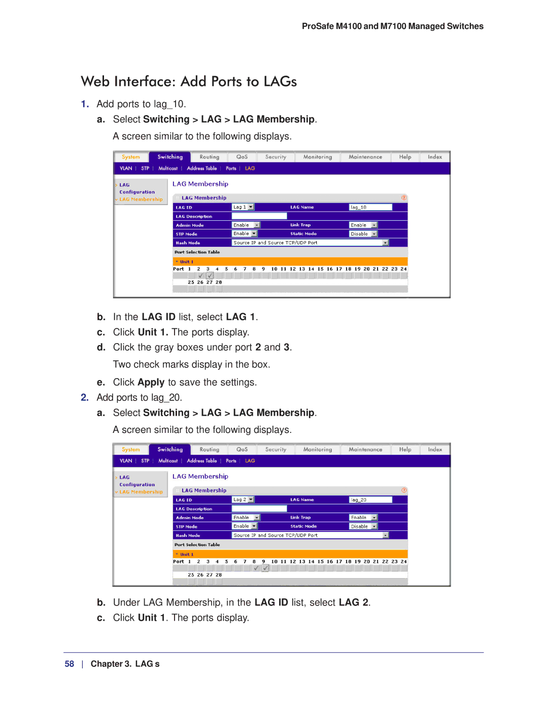 NETGEAR M7100, M4100 manual Web Interface Add Ports to LAGs 