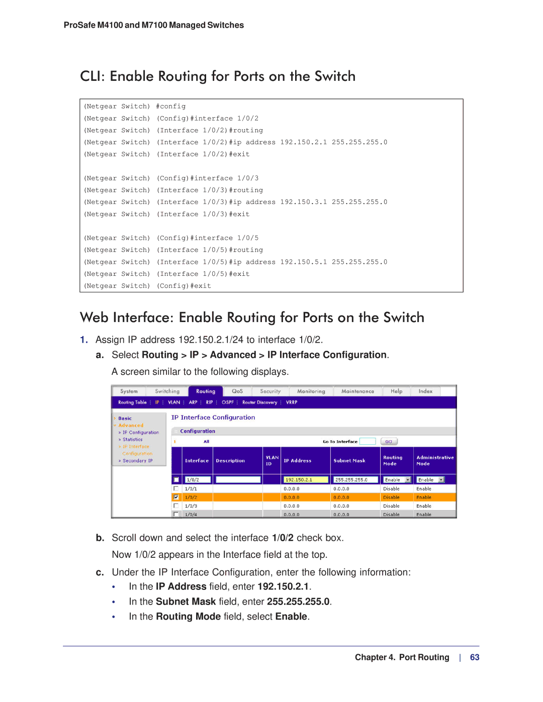 NETGEAR M4100, M7100 manual CLI Enable Routing for Ports on the Switch, Web Interface Enable Routing for Ports on the Switch 