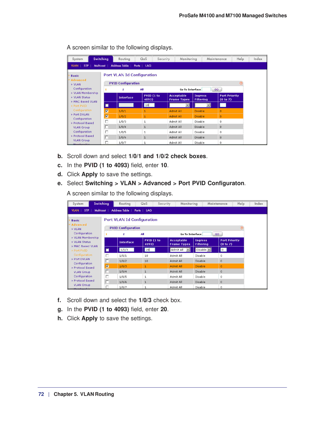 NETGEAR M7100, M4100 manual Screen similar to the following displays, Scroll down and select 1/0/1 and 1/0/2 check boxes 