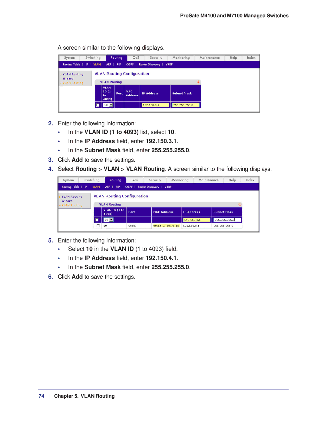 NETGEAR M7100, M4100 manual IP Address field, enter Subnet Mask field, enter, Click Add to save the settings 