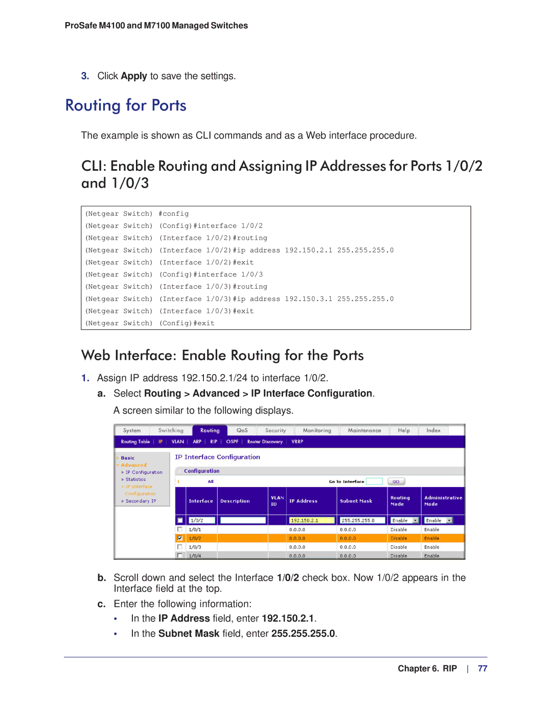 NETGEAR M4100, M7100 manual Routing for Ports, Web Interface Enable Routing for the Ports 