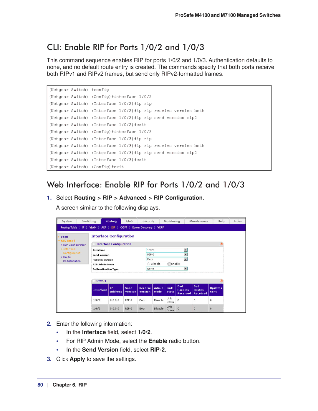 NETGEAR M7100, M4100 manual CLI Enable RIP for Ports 1/0/2 and 1/0/3, Web Interface Enable RIP for Ports 1/0/2 and 1/0/3 