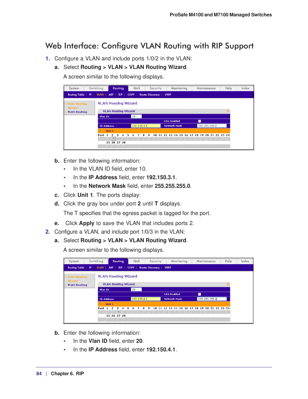 NETGEAR M7100 Web Interface Configure Vlan Routing with RIP Support, IP Address field, enter Network Mask field, enter 