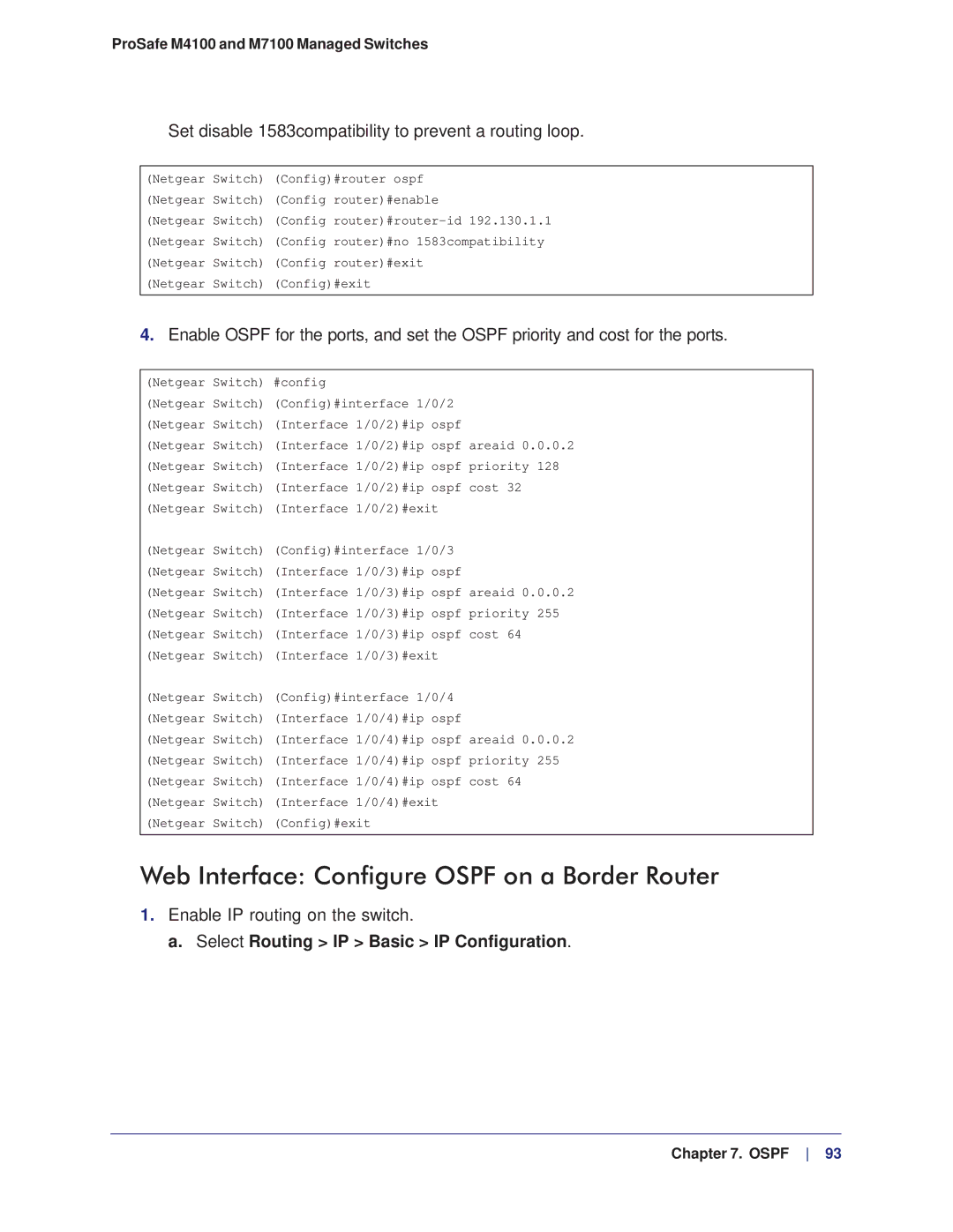 NETGEAR M4100 Web Interface Configure Ospf on a Border Router, Set disable 1583compatibility to prevent a routing loop 