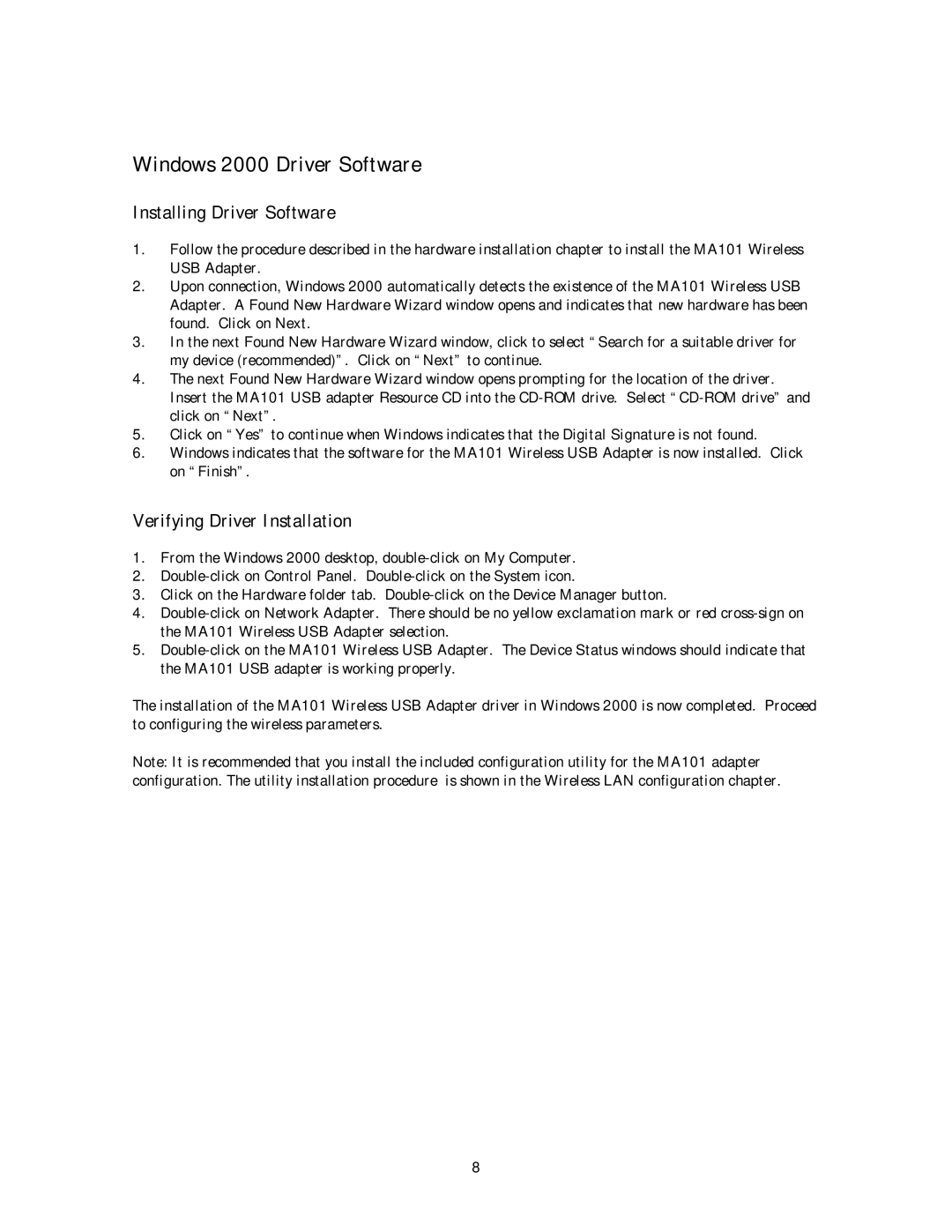 NETGEAR MA 101 manual Windows 2000 Driver Software 