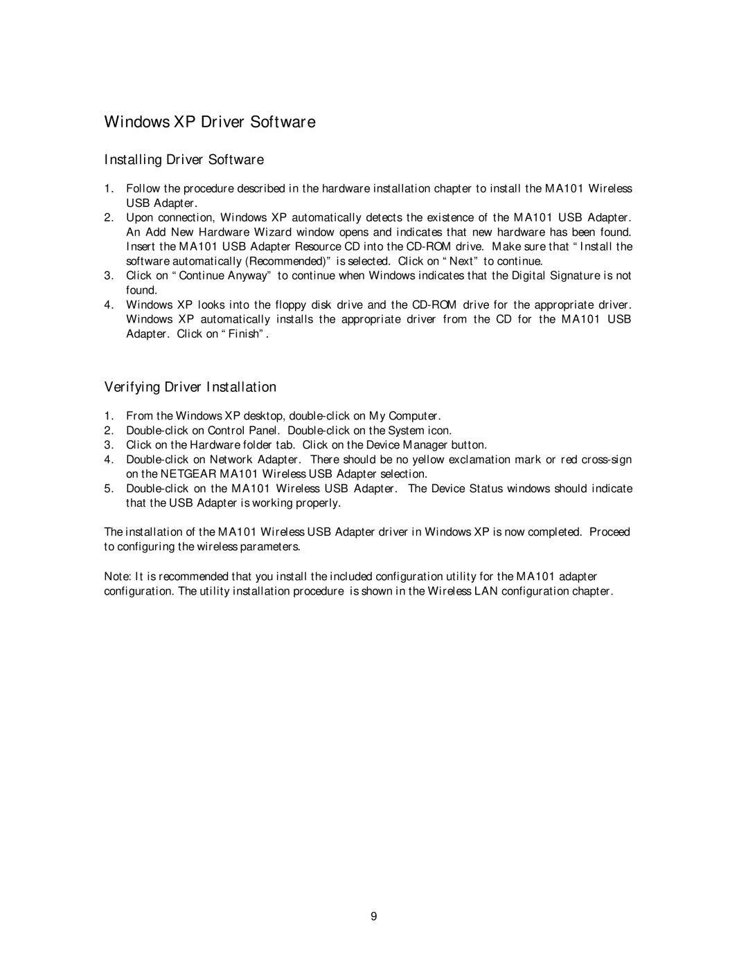 NETGEAR MA 101 manual Windows XP Driver Software 