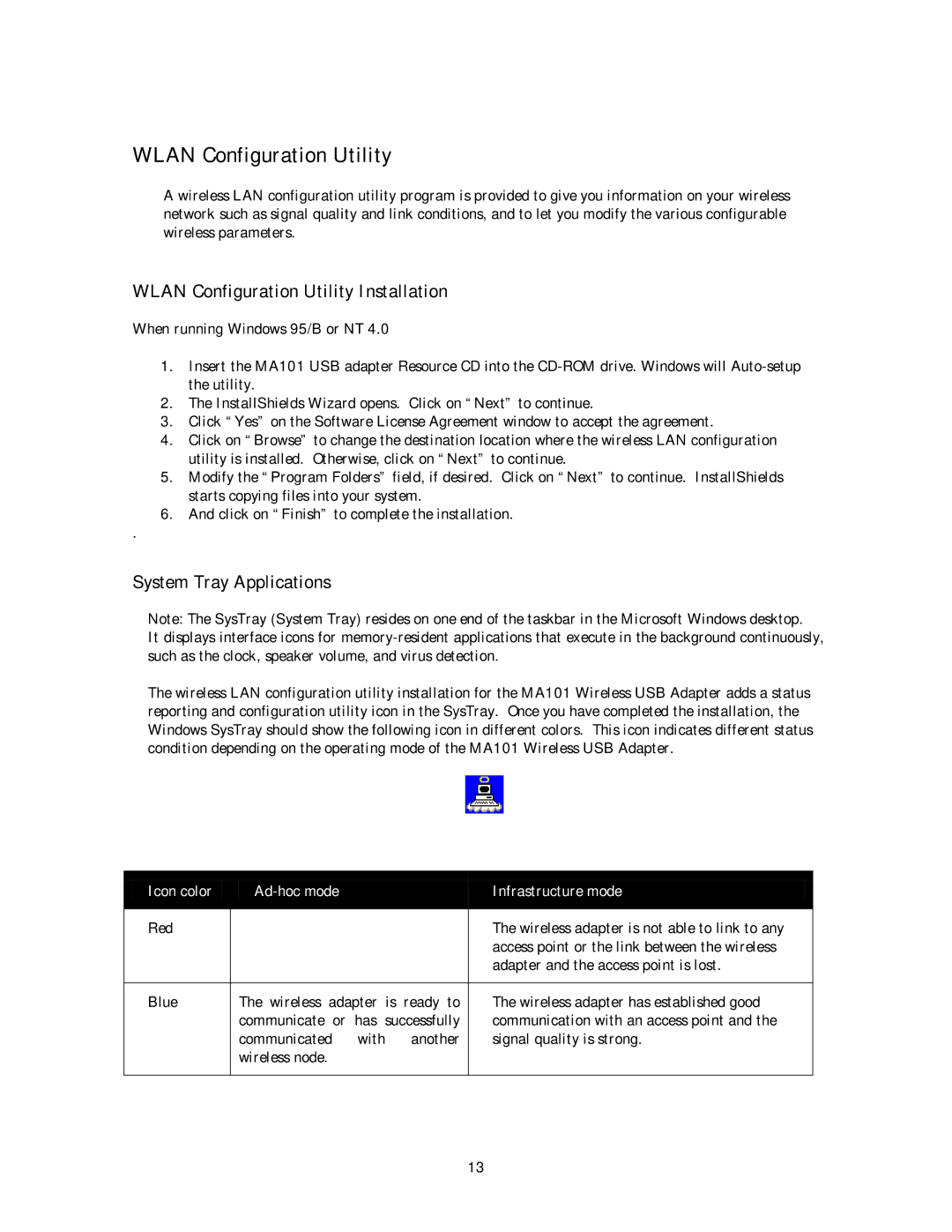 NETGEAR MA 101 manual Wlan Configuration Utility Installation, System Tray Applications 