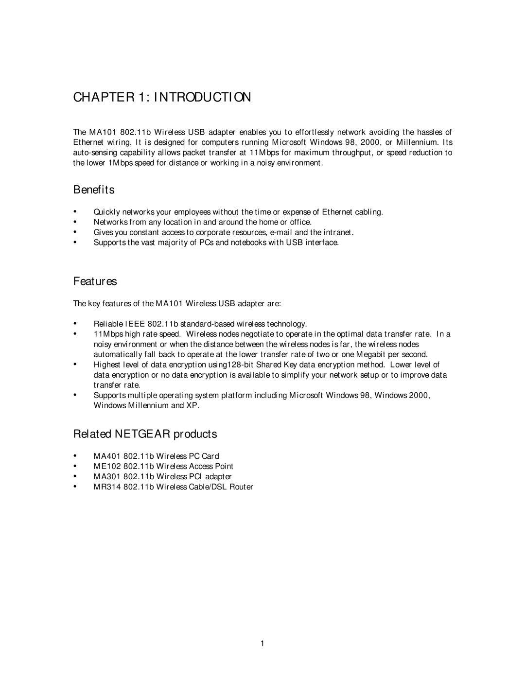 NETGEAR MA 101 manual Introduction, Benefits, Features, Related Netgear products 