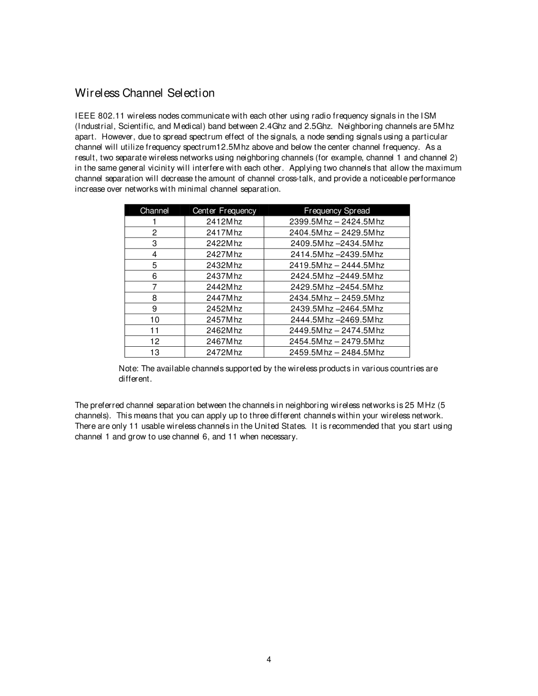 NETGEAR MA 101 manual Wireless Channel Selection, Frequency Spread 