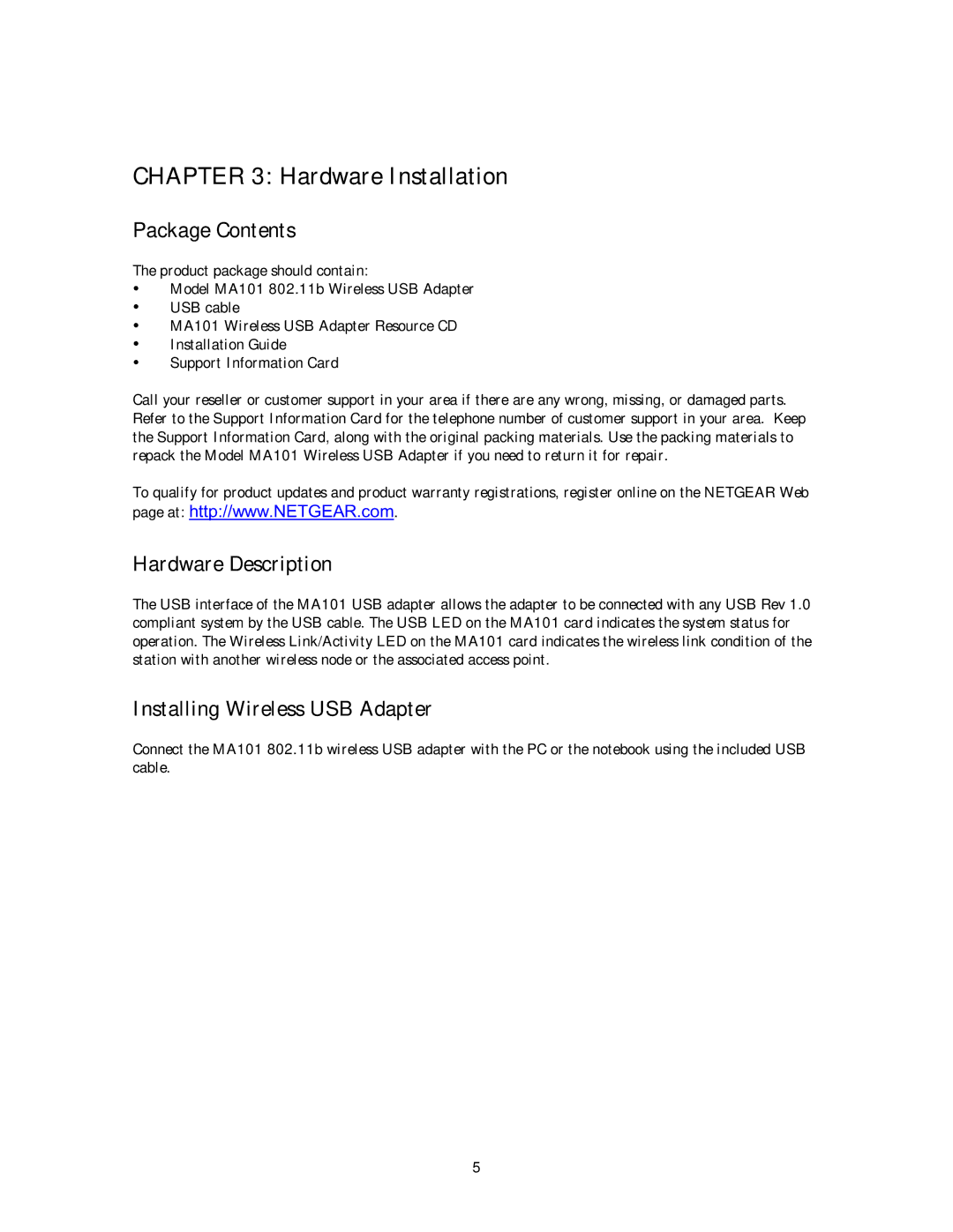 NETGEAR MA 101 manual Package Contents, Hardware Description, Installing Wireless USB Adapter 