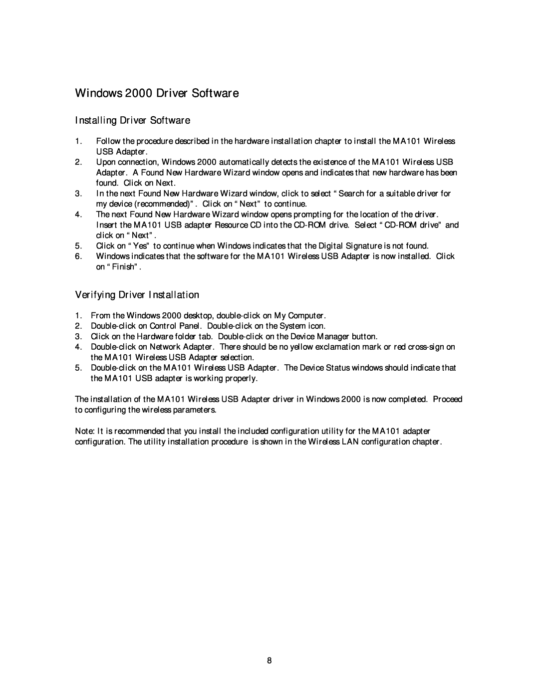 NETGEAR MA 101 manual Windows 2000 Driver Software, Installing Driver Software, Verifying Driver Installation 