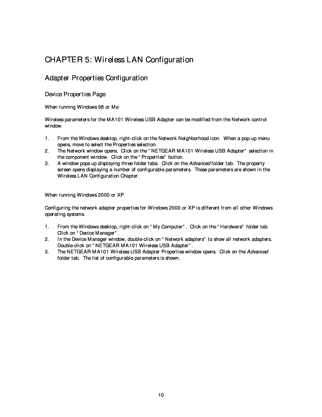 NETGEAR MA 101 manual Wireless LAN Configuration, Adapter Properties Configuration, Device Properties Page 