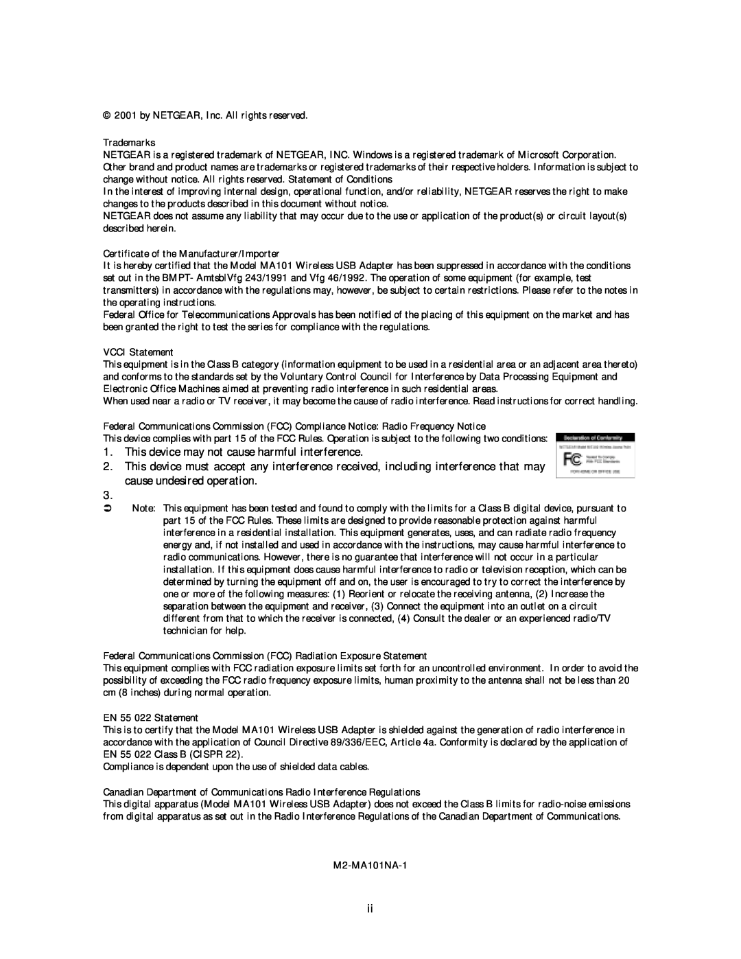 NETGEAR MA 101 manual Trademarks, Certificate of the Manufacturer/Importer, VCCI Statement, EN 55 022 Statement 