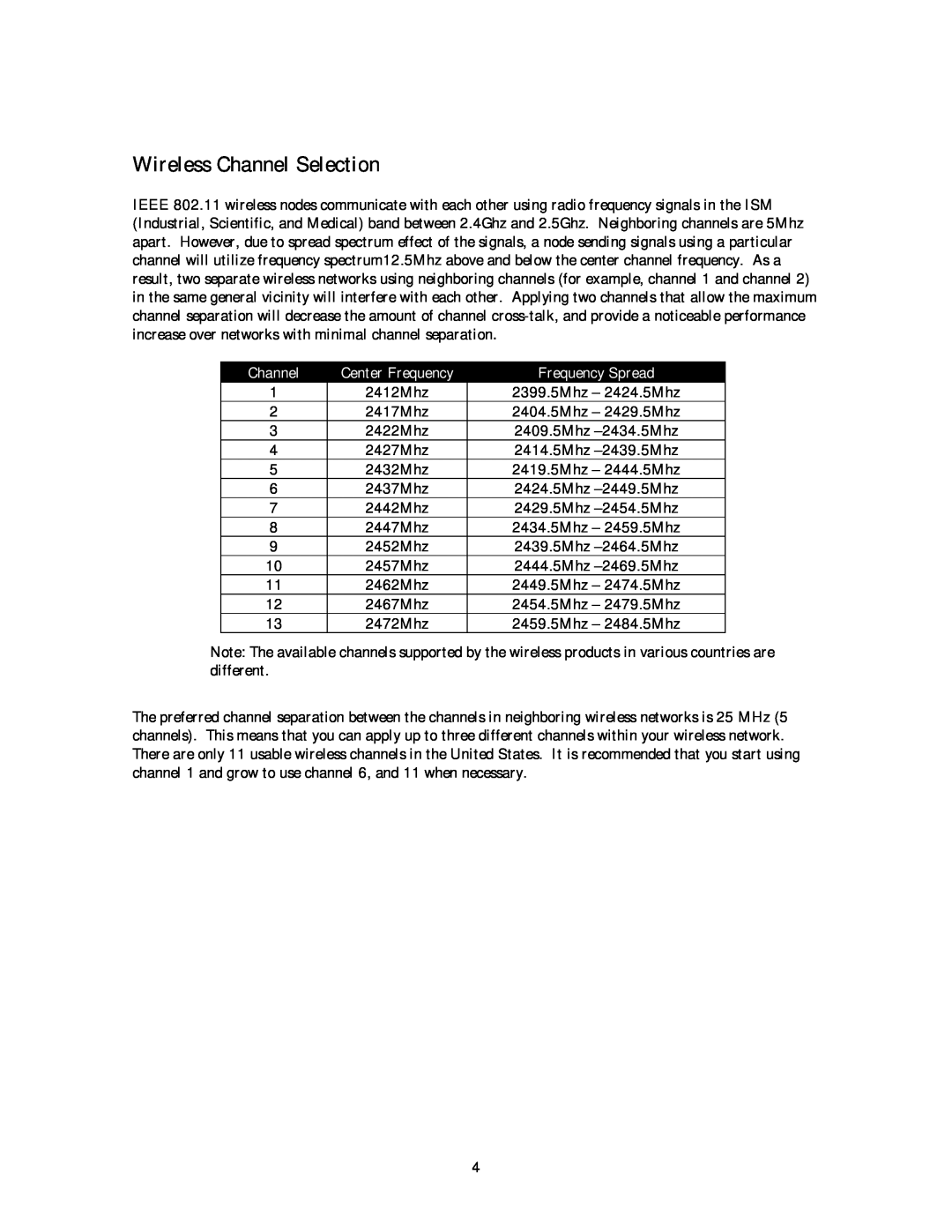 NETGEAR MA 101 manual Wireless Channel Selection, Frequency Spread 