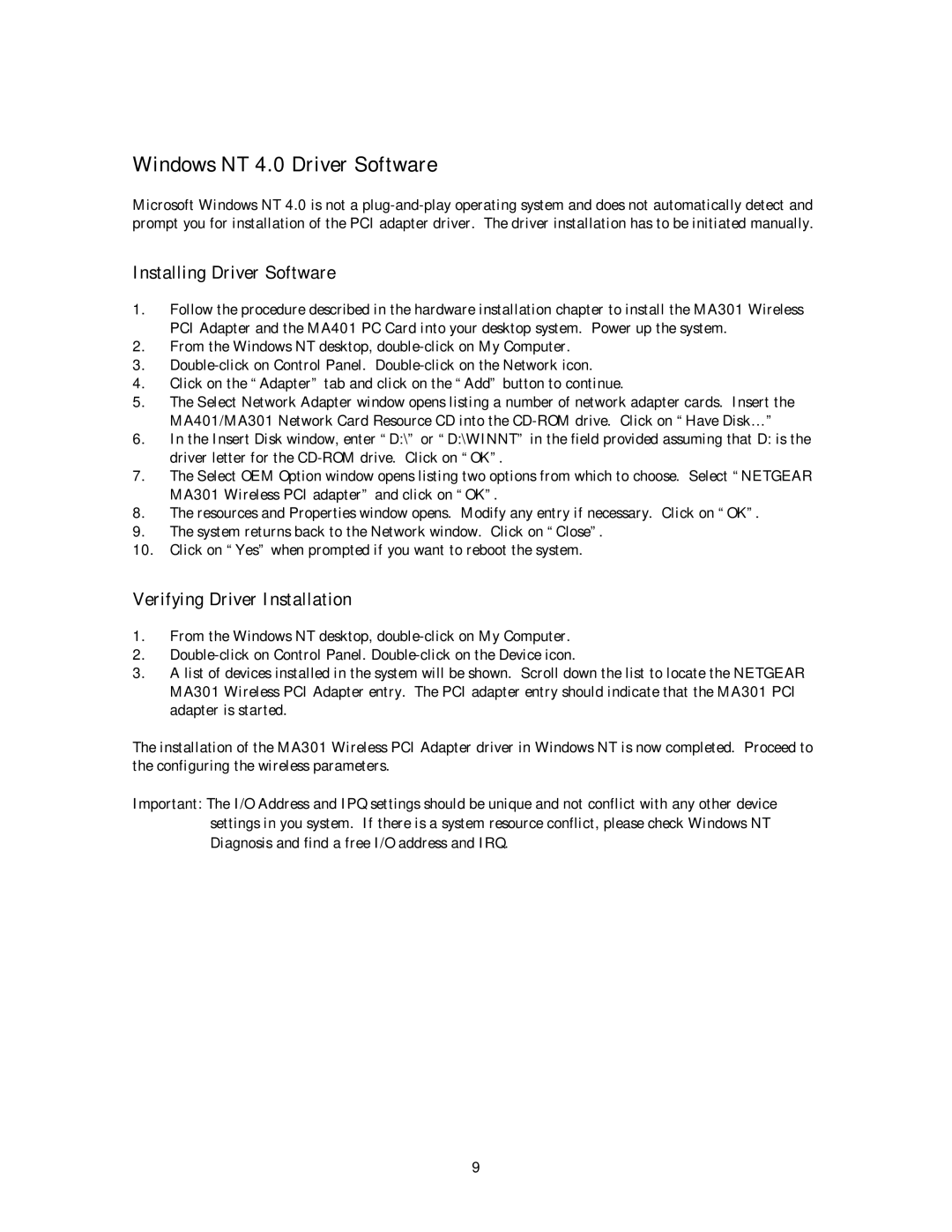 NETGEAR MA 301 manual Windows NT 4.0 Driver Software 