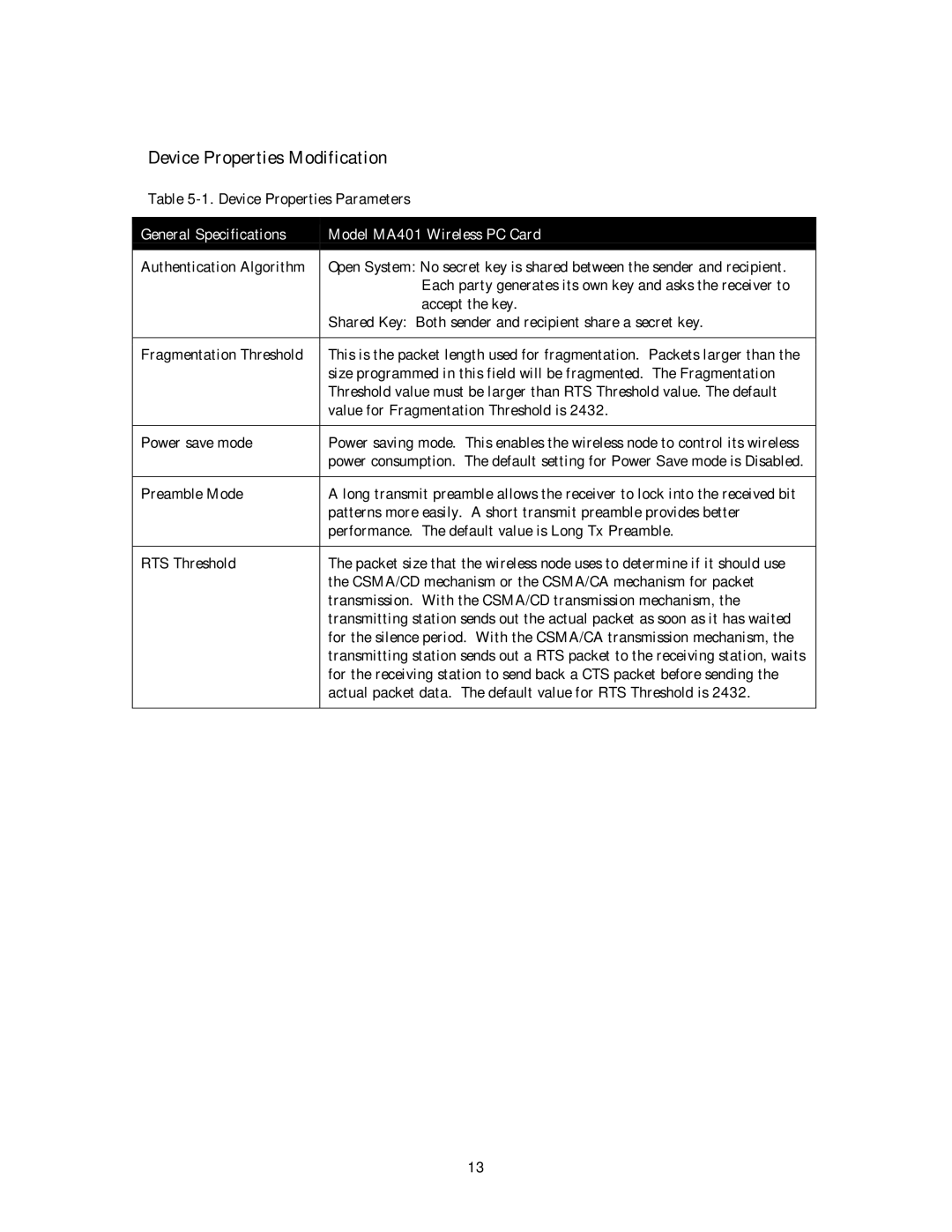 NETGEAR MA 301 manual Device Properties Modification, General Specifications Model MA401 Wireless PC Card 