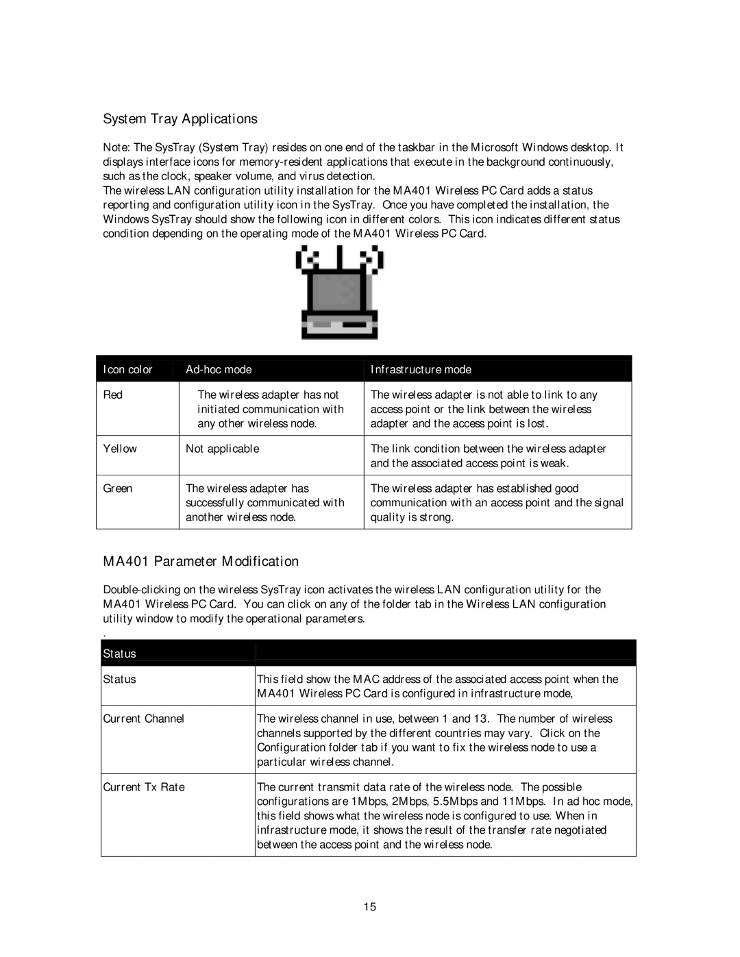 NETGEAR MA 301 System Tray Applications, MA401 Parameter Modification, Icon color Ad-hoc mode Infrastructure mode, Status 