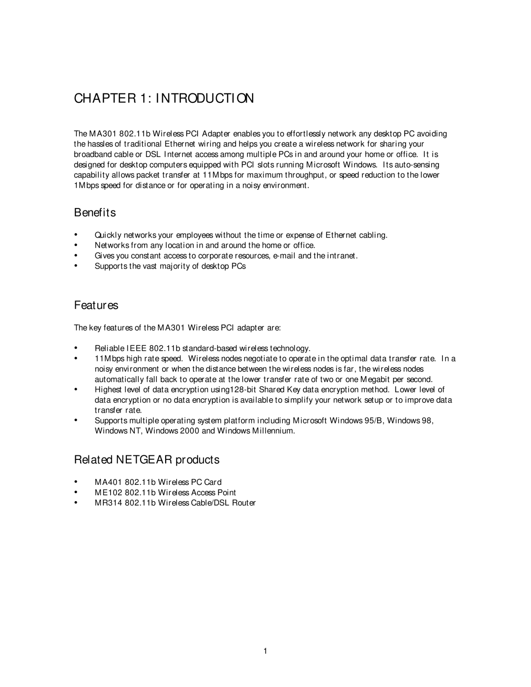 NETGEAR MA 301 manual Introduction, Benefits, Features, Related Netgear products 