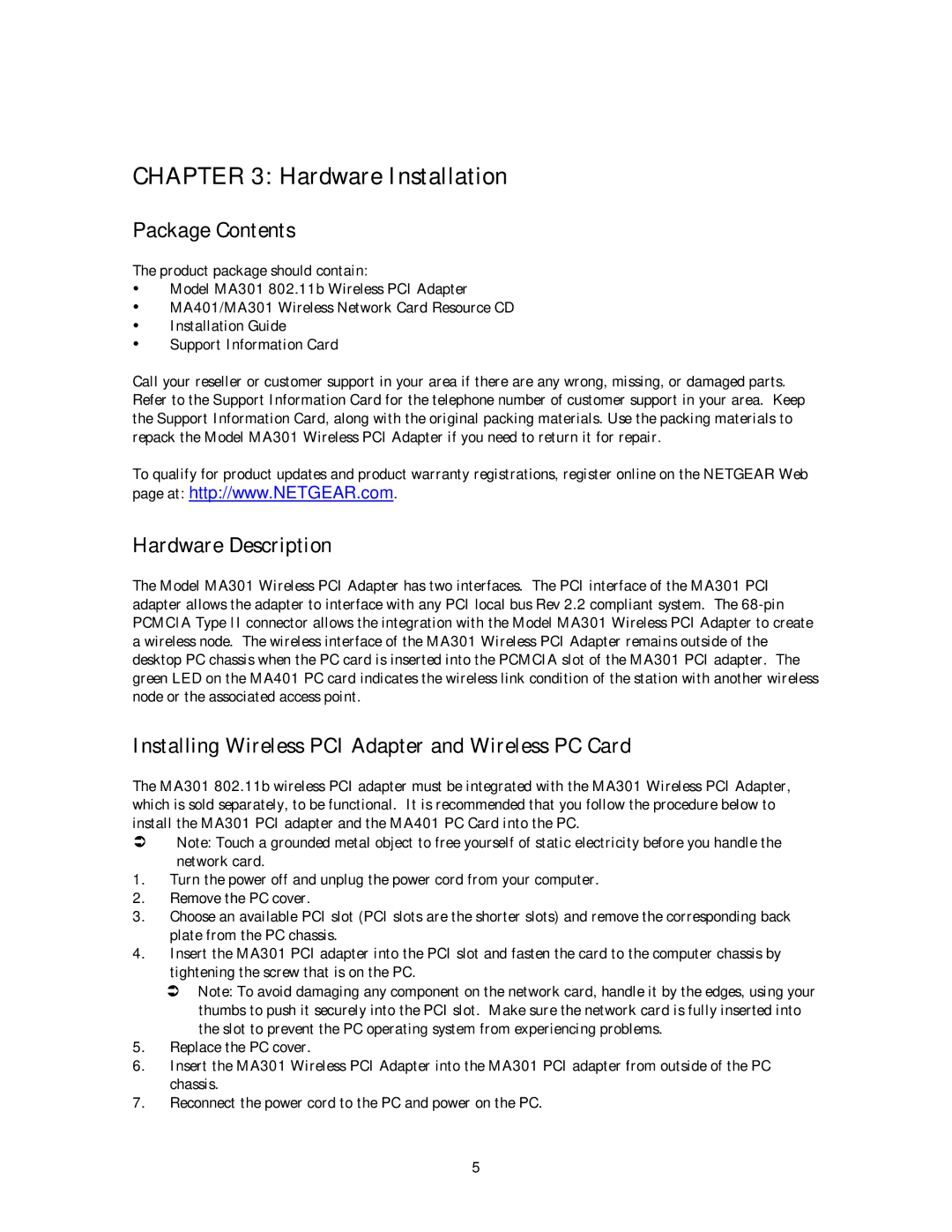 NETGEAR MA 301 manual Package Contents, Hardware Description, Installing Wireless PCI Adapter and Wireless PC Card 