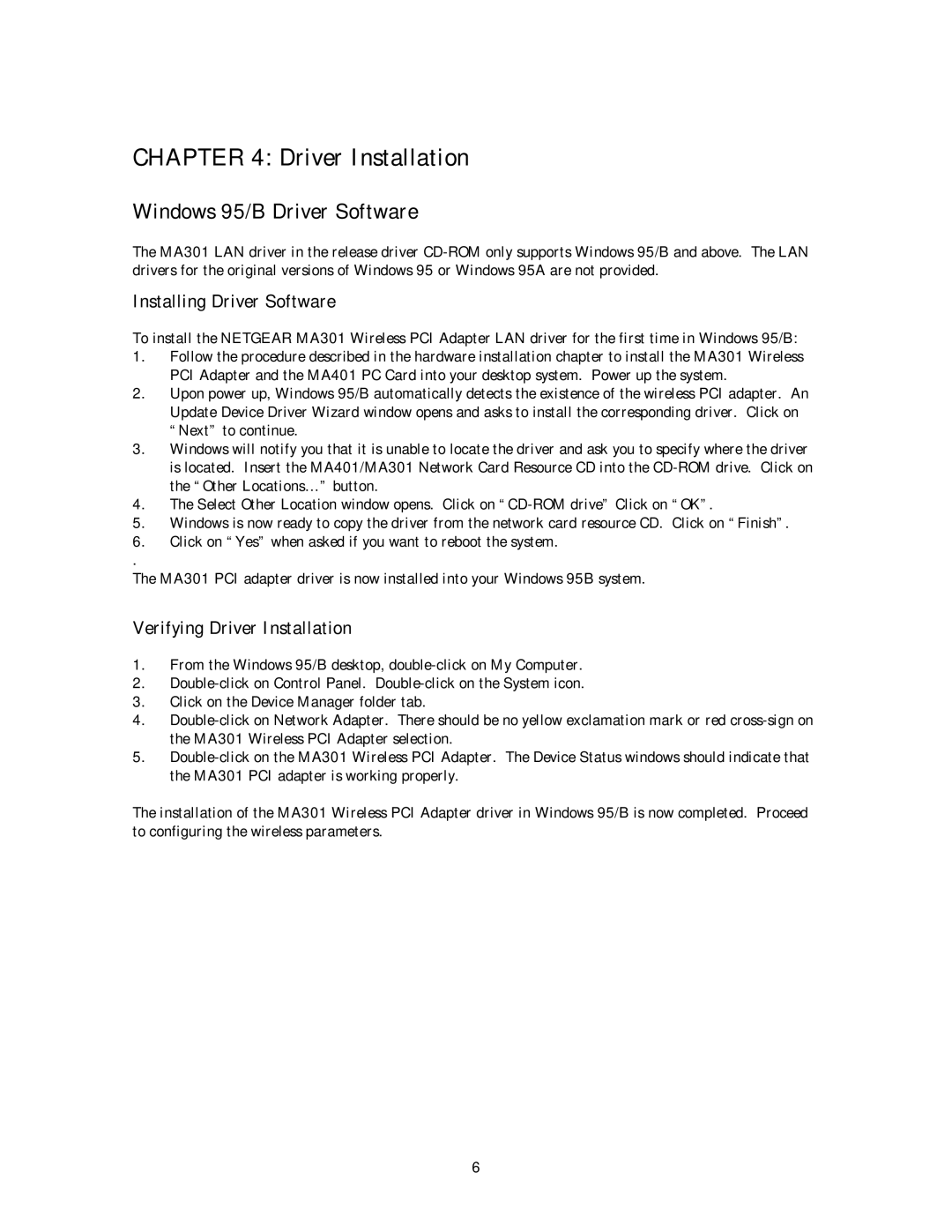 NETGEAR MA 301 manual Windows 95/B Driver Software, Installing Driver Software, Verifying Driver Installation 