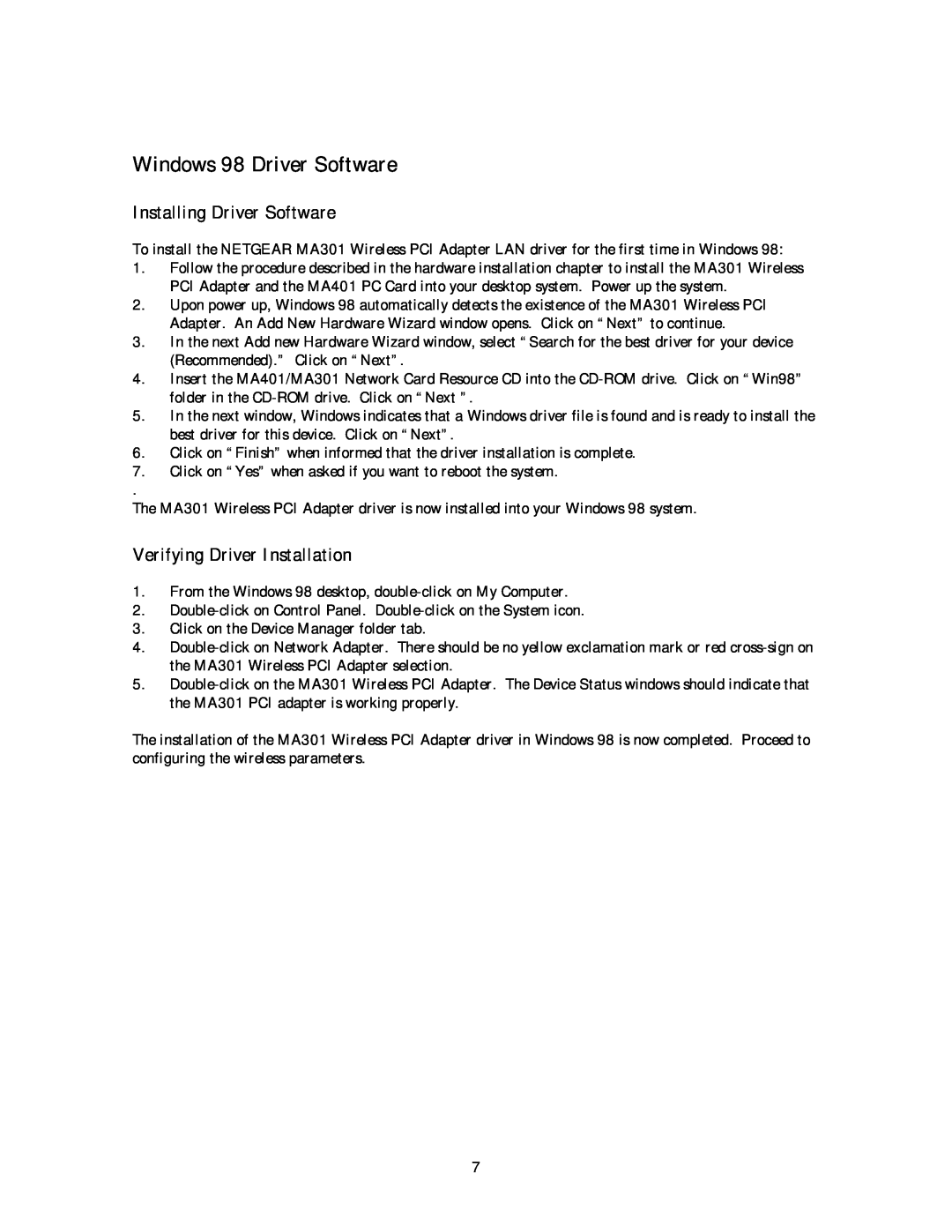 NETGEAR MA 301 manual Windows 98 Driver Software, Installing Driver Software, Verifying Driver Installation 