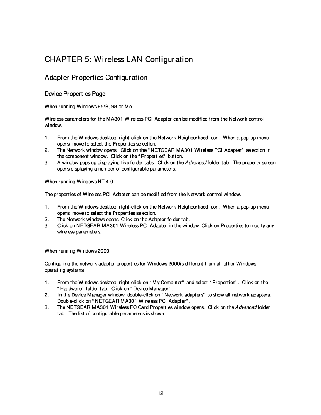 NETGEAR MA 301 Wireless LAN Configuration, Adapter Properties Configuration, Device Properties Page, When running Windows 