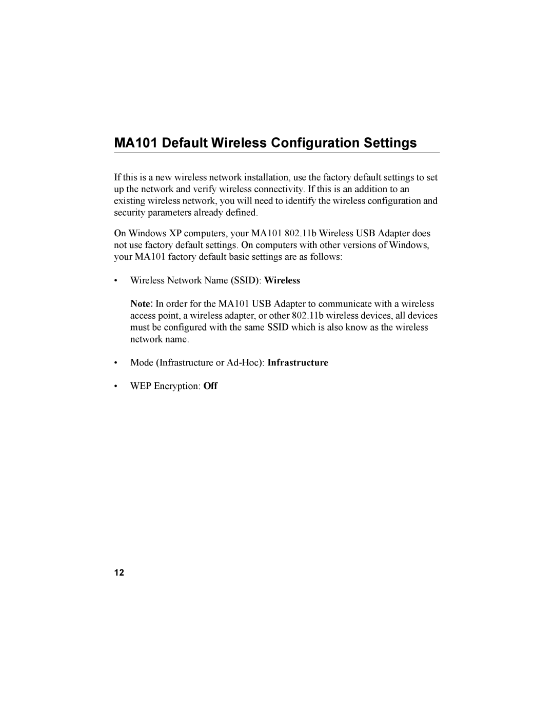 NETGEAR manual MA101 Default Wireless Configuration Settings 