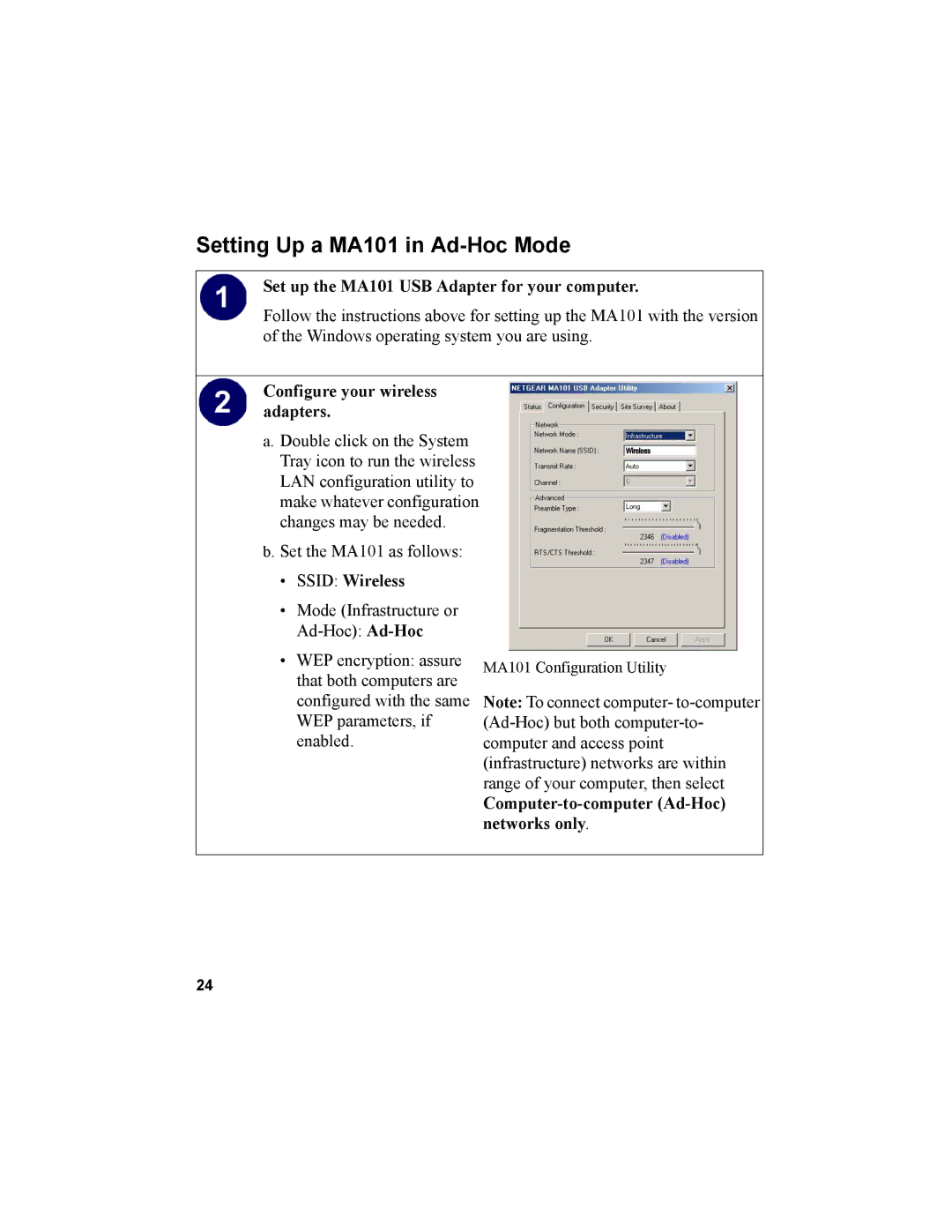 NETGEAR manual Setting Up a MA101 in Ad-Hoc Mode, Set up the MA101 USB Adapter for your computer 