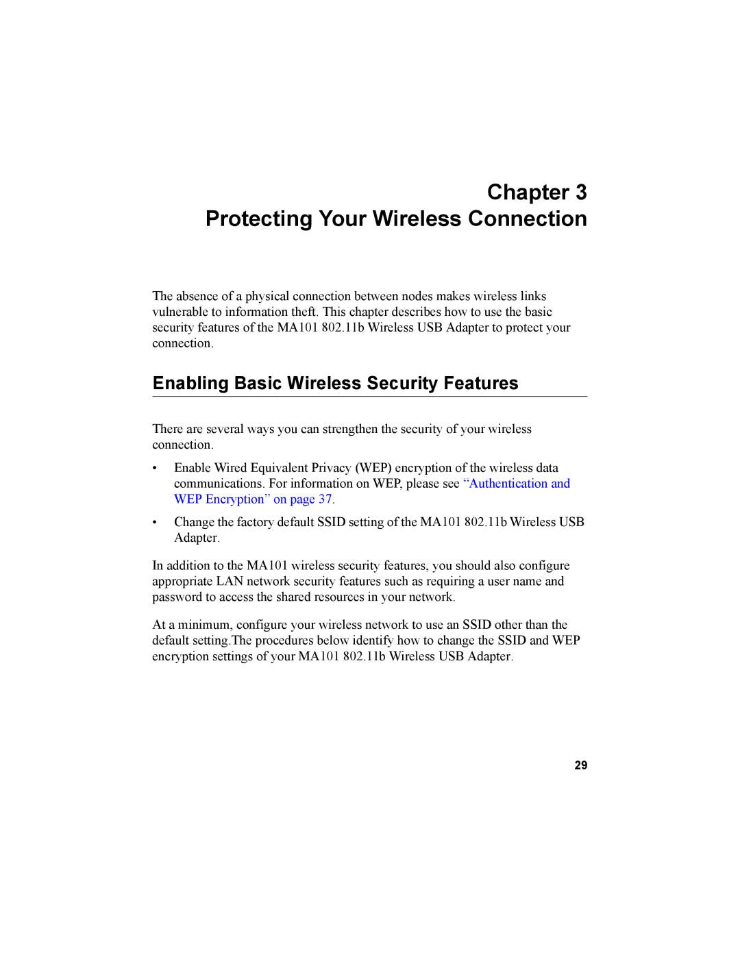 NETGEAR MA101 manual Protecting Your Wireless Connection, Enabling Basic Wireless Security Features 