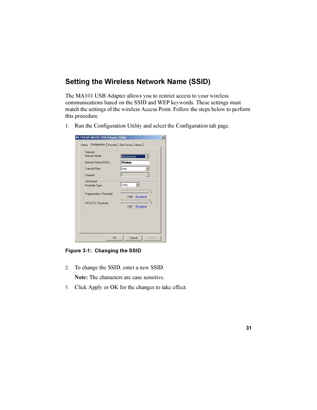 NETGEAR MA101 manual Setting the Wireless Network Name Ssid, Changing the Ssid 