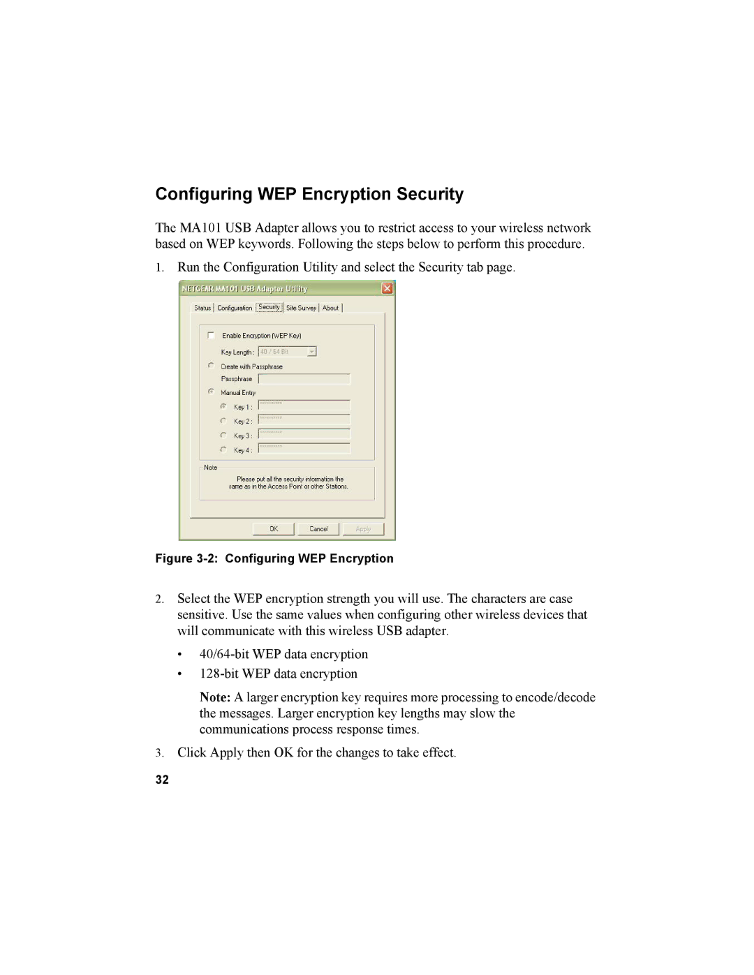 NETGEAR MA101 manual Configuring WEP Encryption Security 