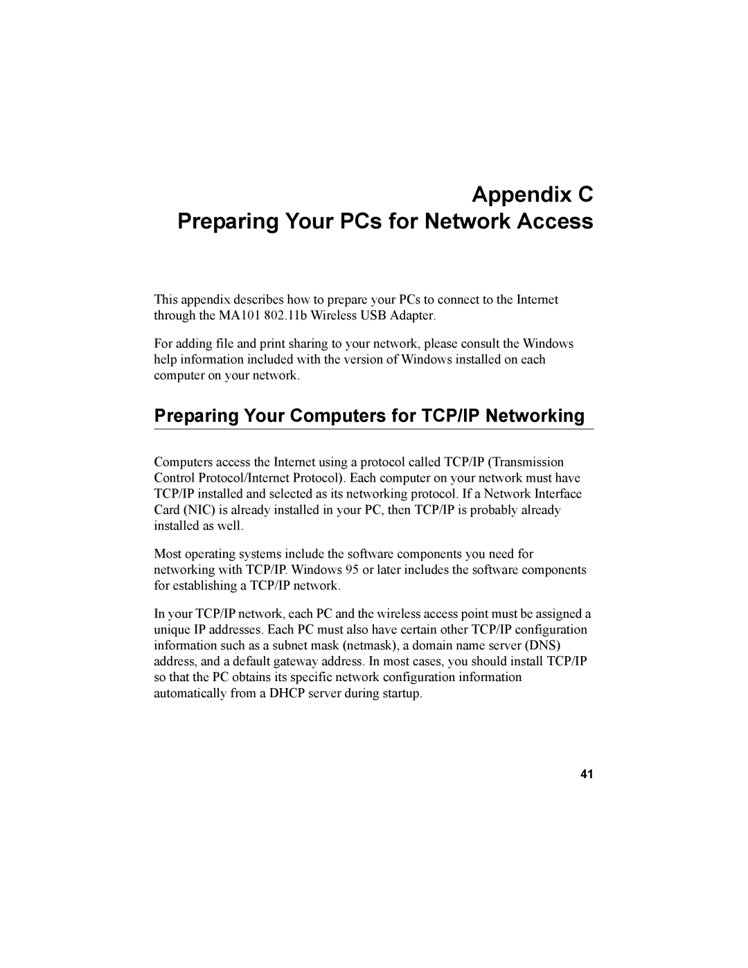 NETGEAR MA101 manual Appendix C Preparing Your PCs for Network Access, Preparing Your Computers for TCP/IP Networking 