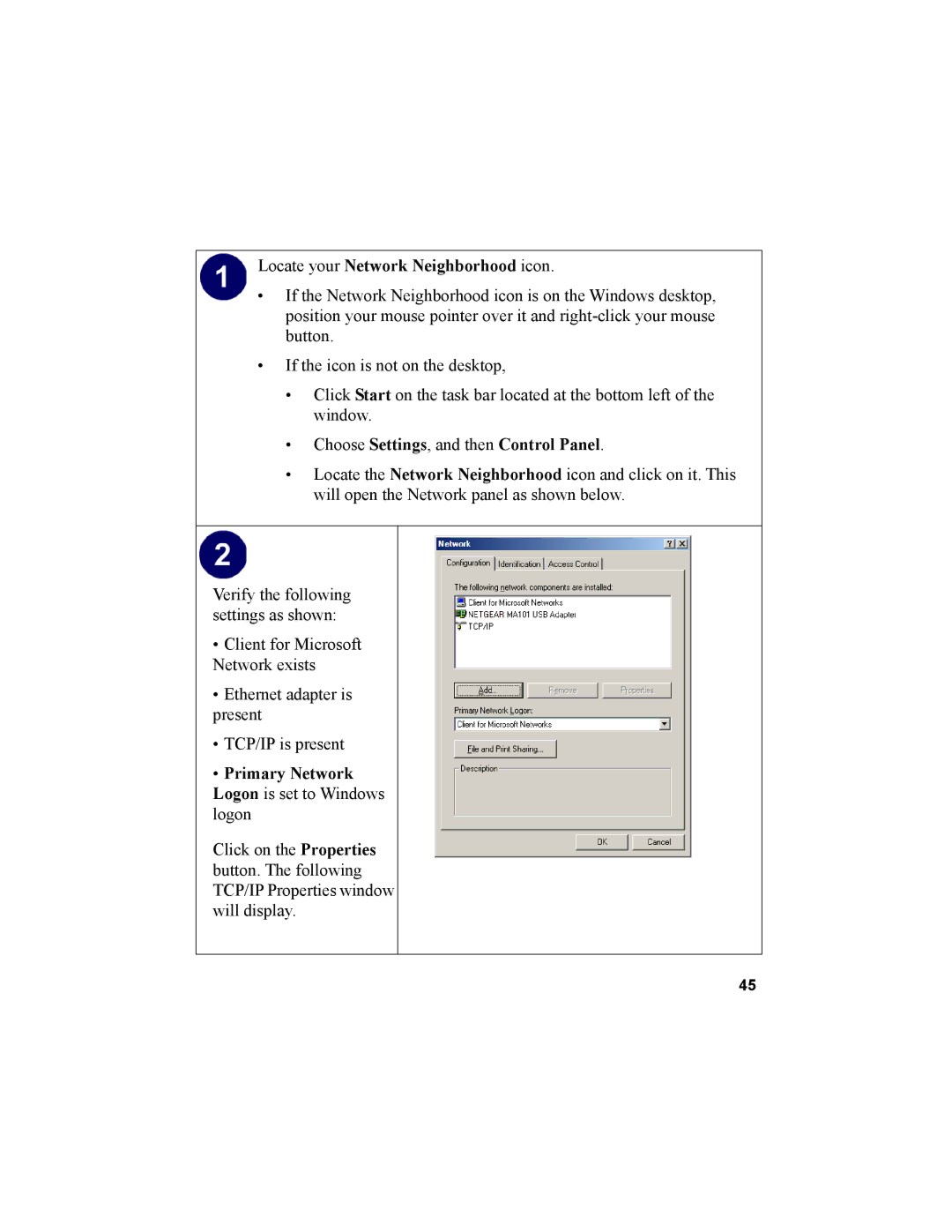 NETGEAR MA101 manual Locate your Network Neighborhood icon, Choose Settings, and then Control Panel 