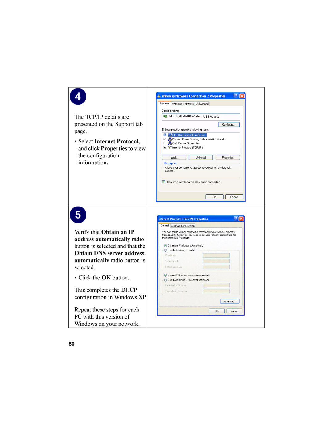 NETGEAR MA101 manual TCP/IP details are presented on the Support tab 