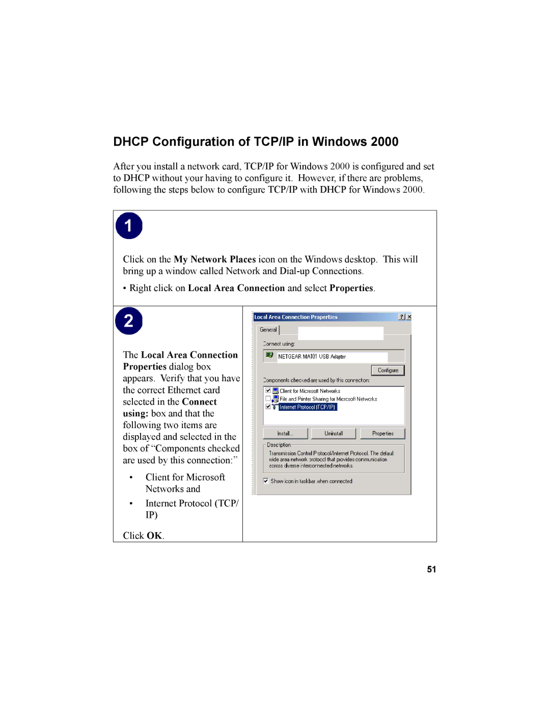 NETGEAR MA101 manual Dhcp Configuration of TCP/IP in Windows 