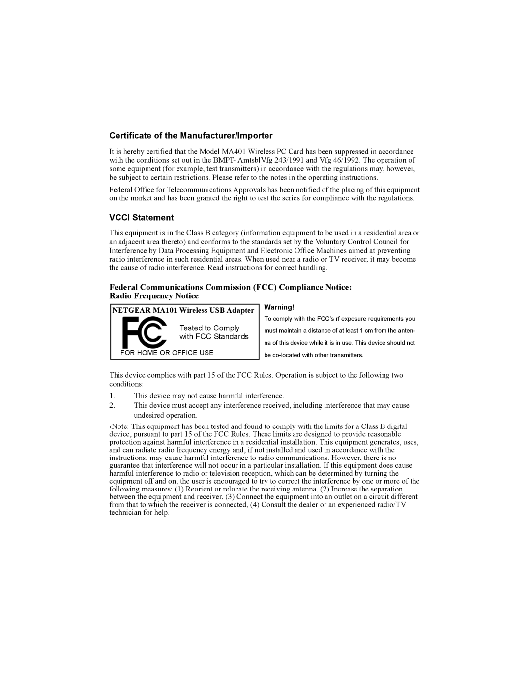 NETGEAR MA101 manual Certificate of the Manufacturer/Importer 