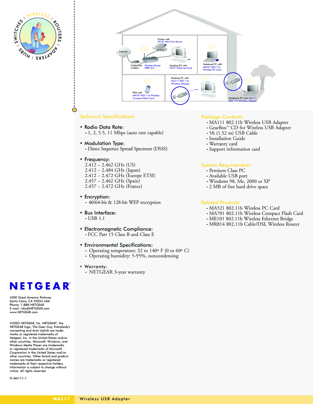 NETGEAR MA111 warranty Technical Specifications Package Contents, System Requirements, Related Products 