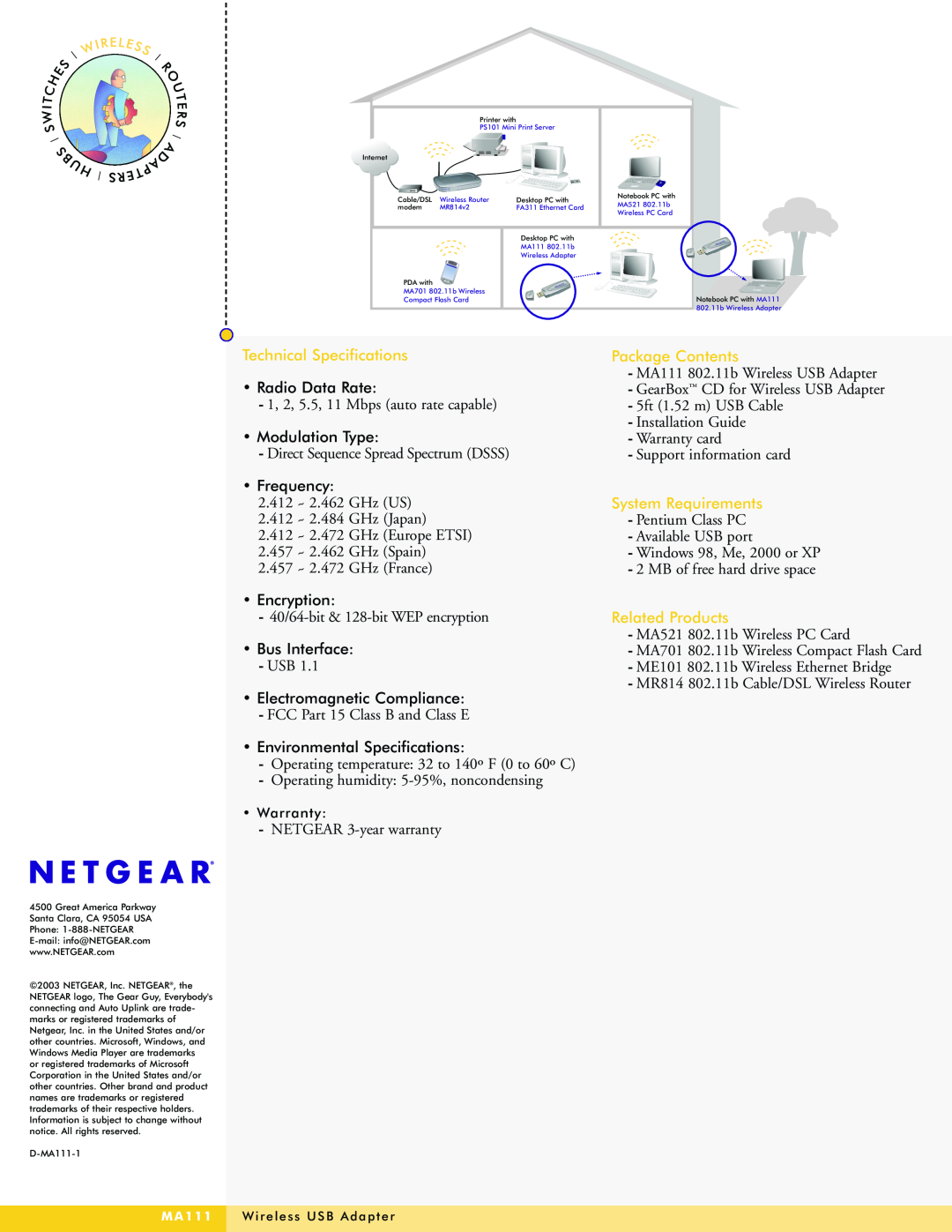 NETGEAR MA111 Technical Specifications, Package Contents, Radio Data Rate, Modulation Type, Frequency, System Requirements 