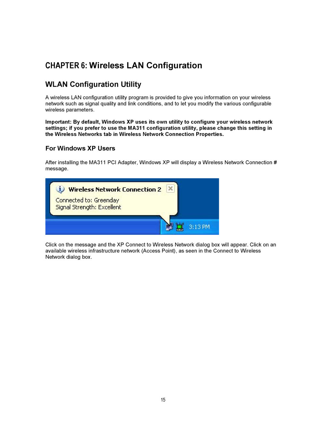 NETGEAR MA311 manual Wireless LAN Configuration, Wlan Configuration Utility, For Windows XP Users 