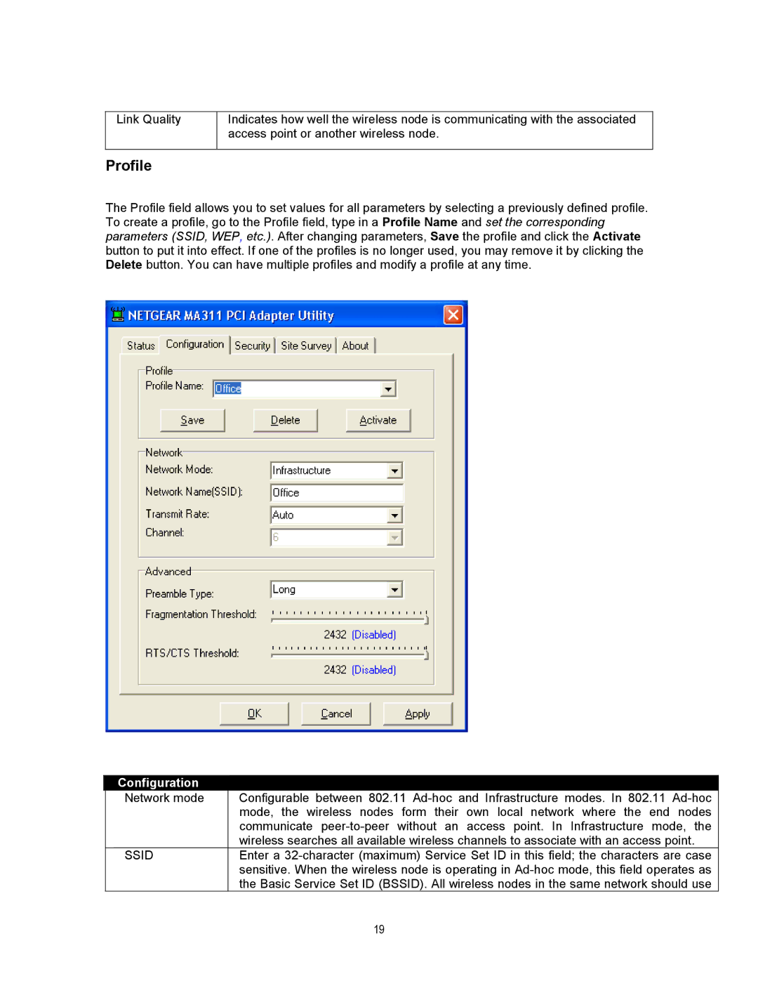 NETGEAR MA311 manual Profile, Configuration 