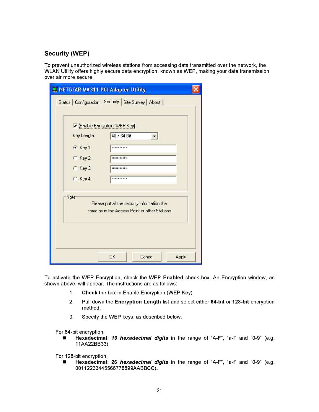 NETGEAR MA311 manual Security WEP 