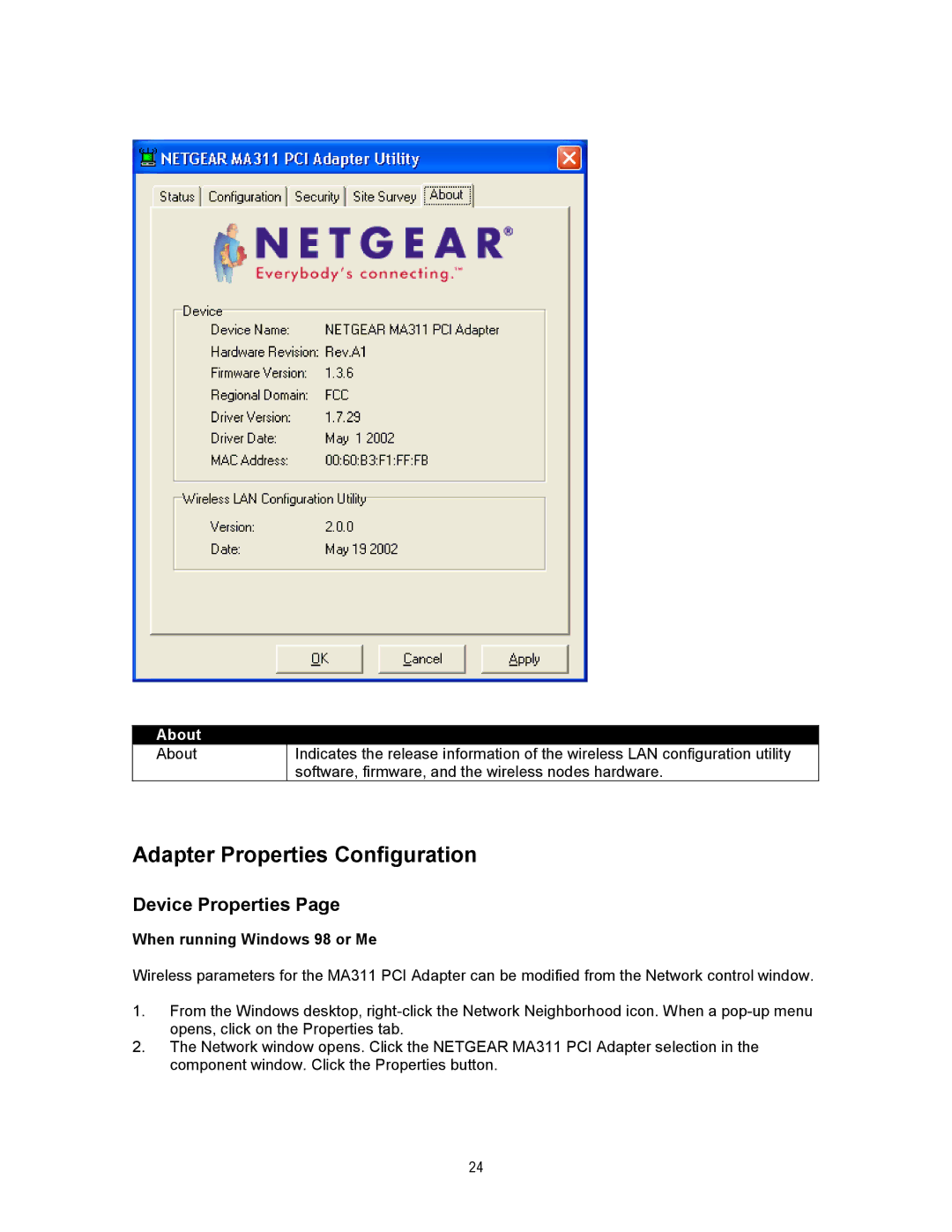 NETGEAR MA311 manual Adapter Properties Configuration, Device Properties, About 