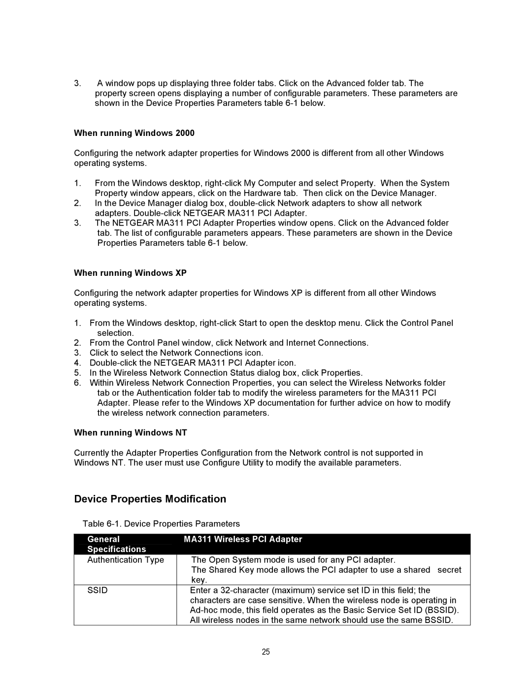 NETGEAR manual Device Properties Modification, General MA311 Wireless PCI Adapter Specifications 