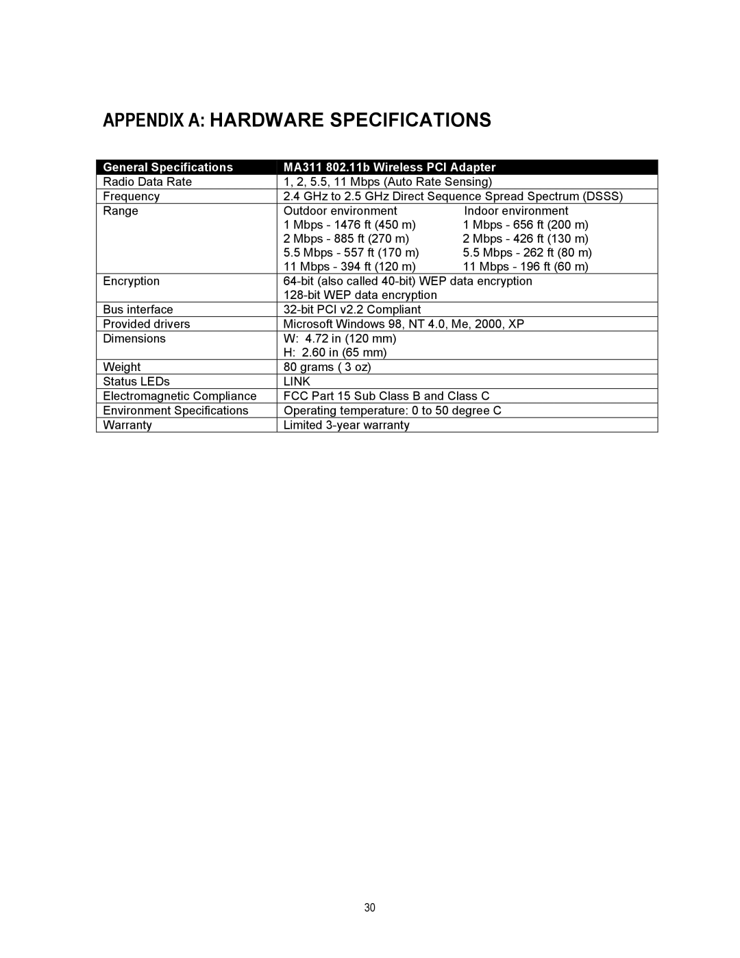 NETGEAR manual Appendix a Hardware Specifications, General Specifications MA311 802.11b Wireless PCI Adapter 